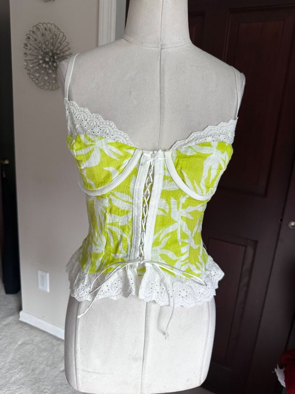 Sky to Moon neon green and white corset style top with open back Small